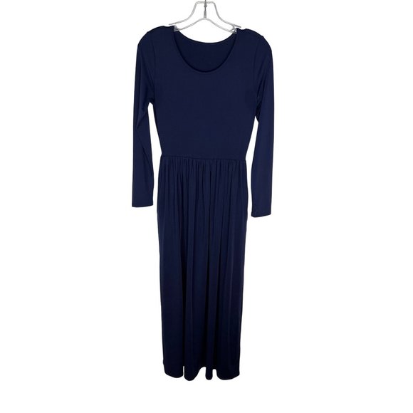 Vintage Navy Blue Full-Length Maxi Dress Long-Sleeve Round-Neckline Gathered-Wai - Picture 3 of 4